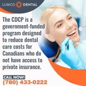 A woman smiles while a dentist examines her teeth with a dental mirror.