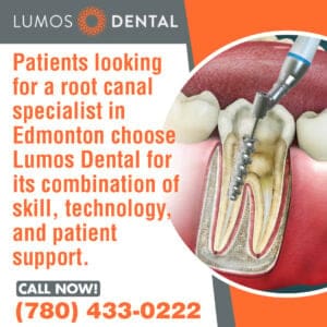 An illustration showing a cross-section of a tooth undergoing a root canal procedure, with a dental tool inside the root.