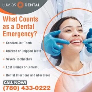 A smiling patient in a dental chair with a dentist's gloved hands gently pulling back her lips to show her teeth.
