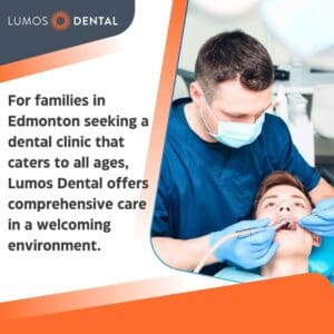 A male dentist in blue scrubs and a mask treats a young male patient. The Lumos Dental logo and text about comprehensive care for all ages in a welcoming environment are visible.