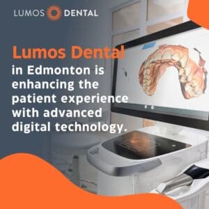 A dental scanning machine displays a 3D model of a jaw and teeth on its screen. The Lumos Dental logo and text about enhancing patient experience with digital technology are present.
