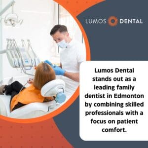 A male dentist in a mask and gloves examines a female patient's teeth in a modern dental office. The Lumos Dental logo and text about being a leading family dentist focused on patient comfort are displayed.