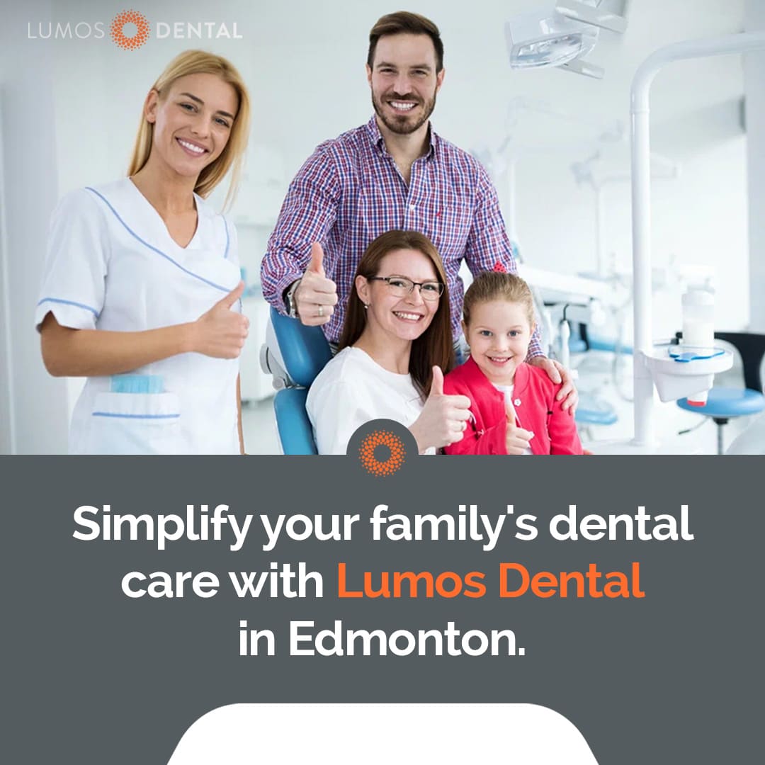 A cheerful promotional image for Lumos Dental in Edmonton showing a female dental professional and a family of three (mother, father, and young daughter) all giving a thumbs-up in a bright, modern dental clinic.