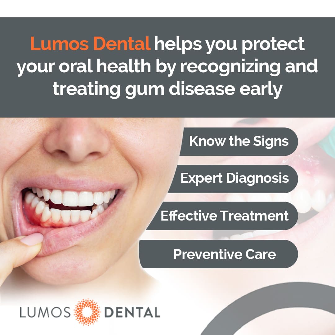 A promotional graphic for Lumos Dental focusing on oral health. The image features a woman pulling down her lower lip to show red, inflamed gums, illustrating the signs of gum disease.